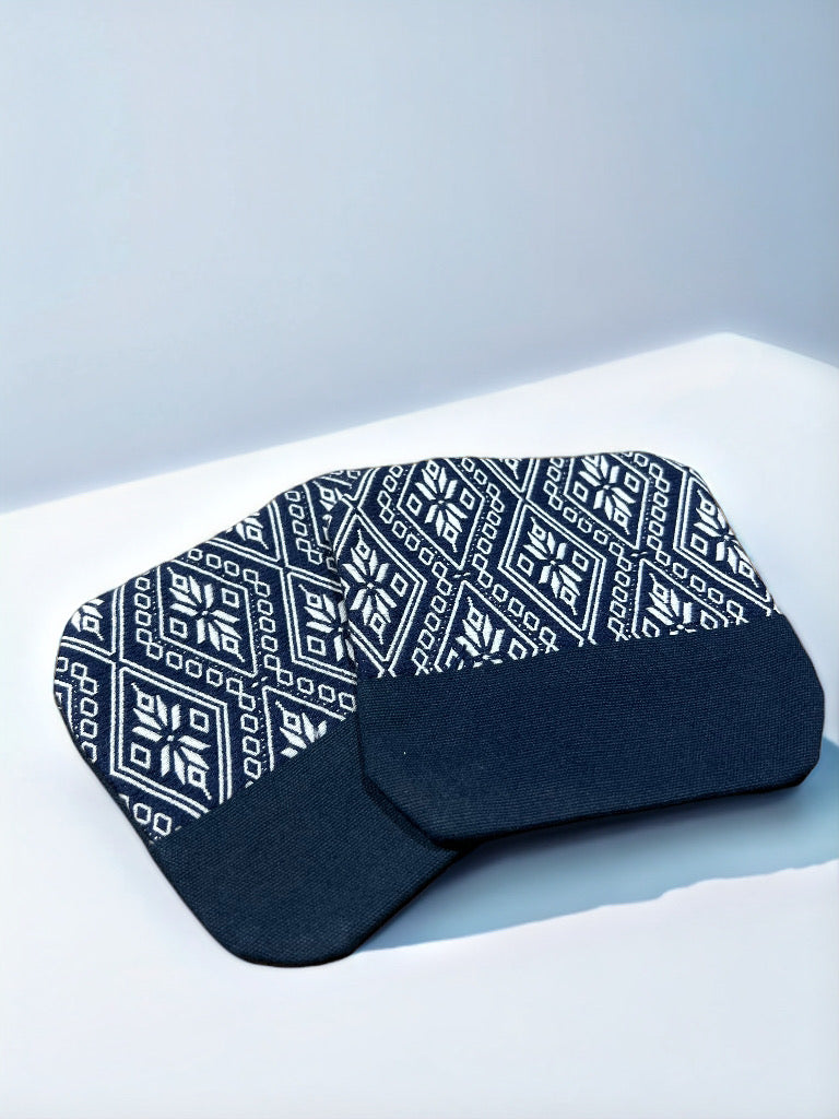 Natural Plant Dyed Cotton Table Runner & Coaster Kit with Octagonal Flower Pattern, Unique Pattern Tableware Kit Blue, Anniversary Tableware