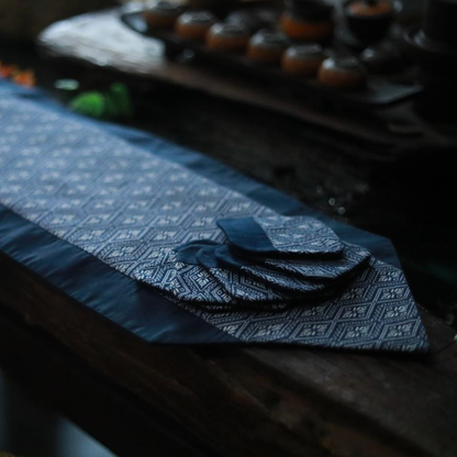 Natural Plant Dyed Cotton Table Runner & Coaster Kit with Octagonal Flower Pattern, Unique Pattern Tableware Kit Blue, Anniversary Tableware