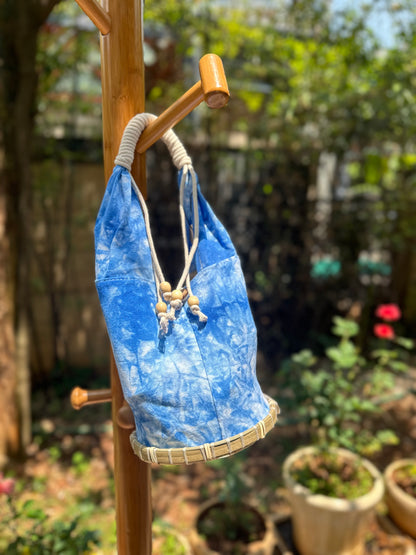 Tie Dye Linen Handbag Pouch with Bamboo Base, Top Handle Bag with Buckle Closure