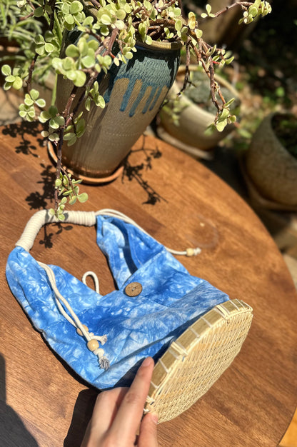Tie Dye Linen Handbag Pouch with Bamboo Base, Top Handle Bag with Buckle Closure