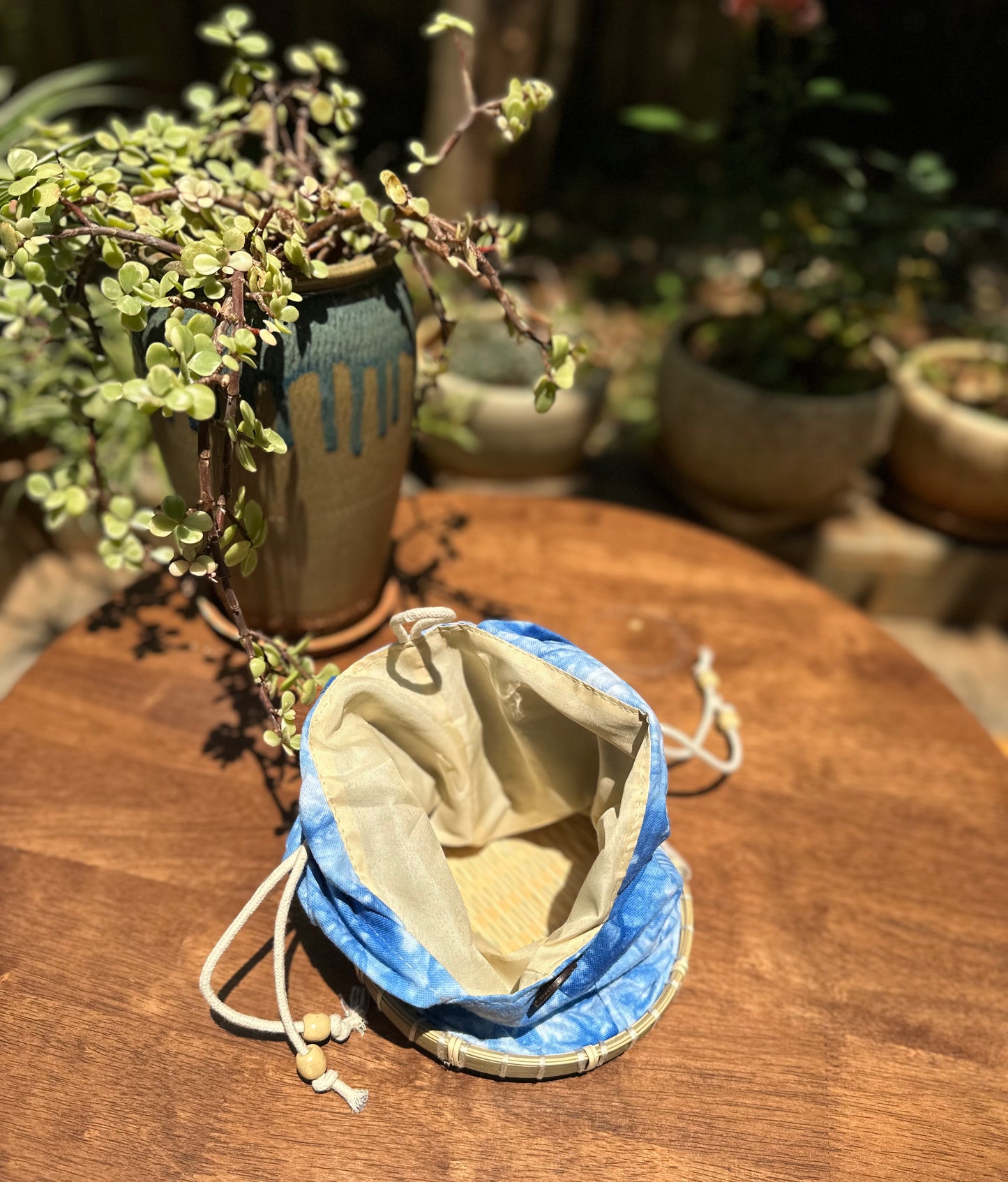 Tie Dye Linen Handbag Pouch with Bamboo Base, Top Handle Bag with Buckle Closure