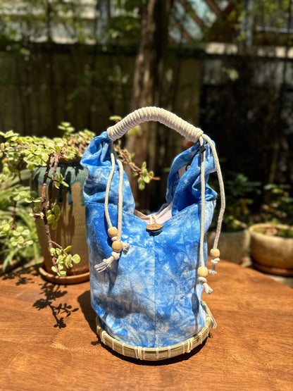 Tie Dye Linen Handbag Pouch with Bamboo Base, Top Handle Bag with Buckle Closure