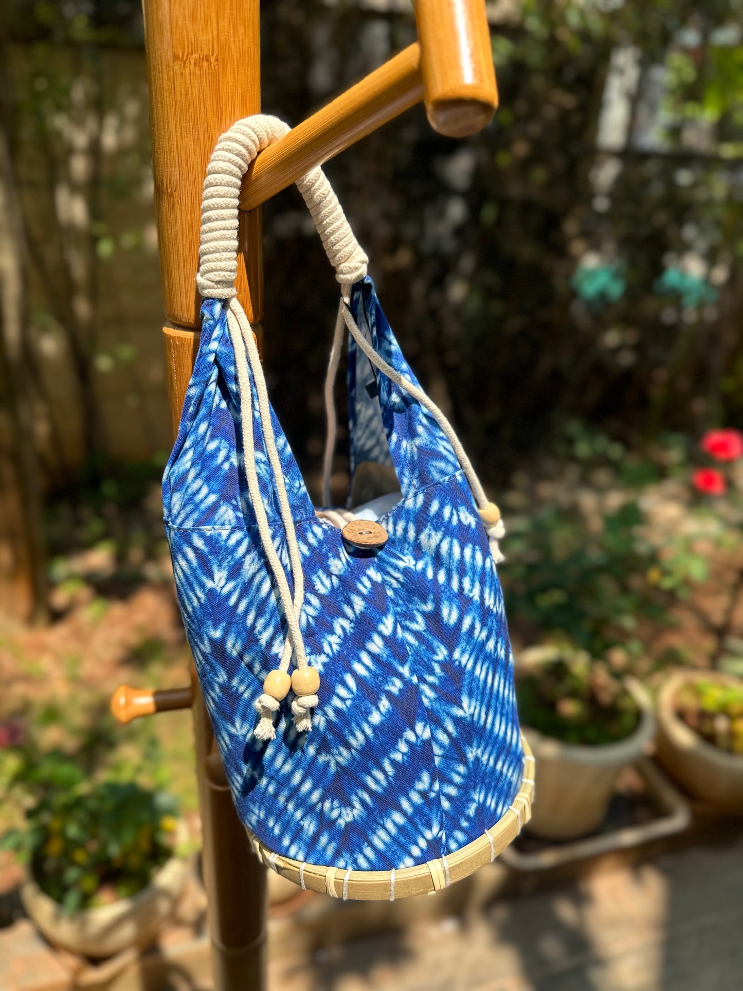 Tie Dye Linen Handbag Pouch with Bamboo Base, Top Handle Bag with Buckle Closure