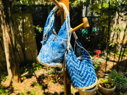 Tie Dye Linen Handbag Pouch with Bamboo Base, Top Handle Bag with Buckle Closure