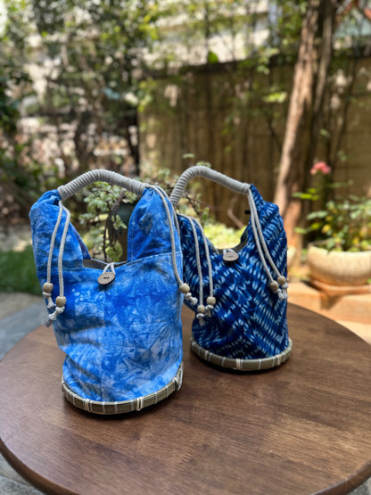 Tie Dye Linen Handbag Pouch with Bamboo Base, Top Handle Bag with Buckle Closure