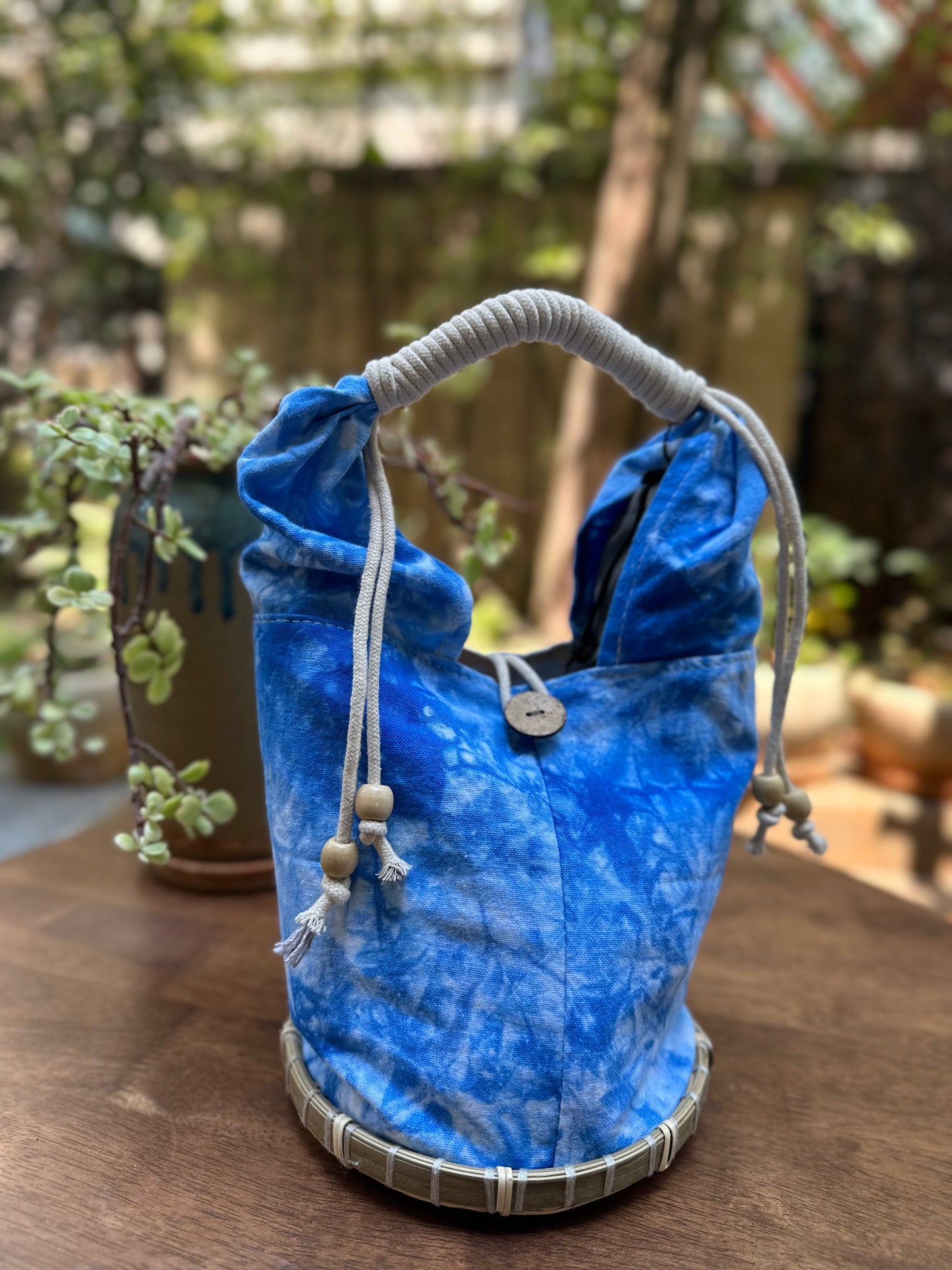 Tie Dye Linen Handbag Pouch with Bamboo Base, Top Handle Bag with Buckle Closure