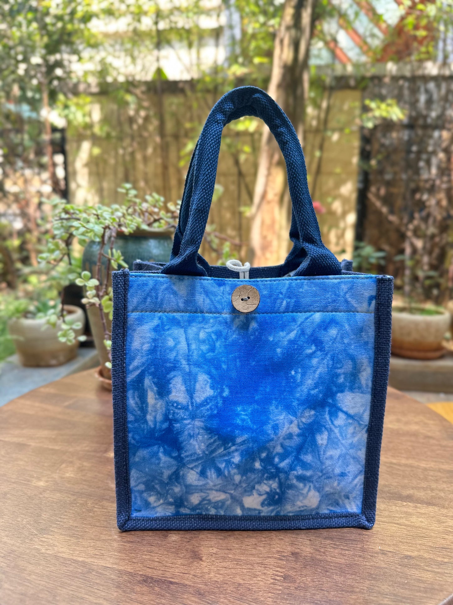 Tie Dye Linen Handbag with Button Closure, Top Handle Bag for Women