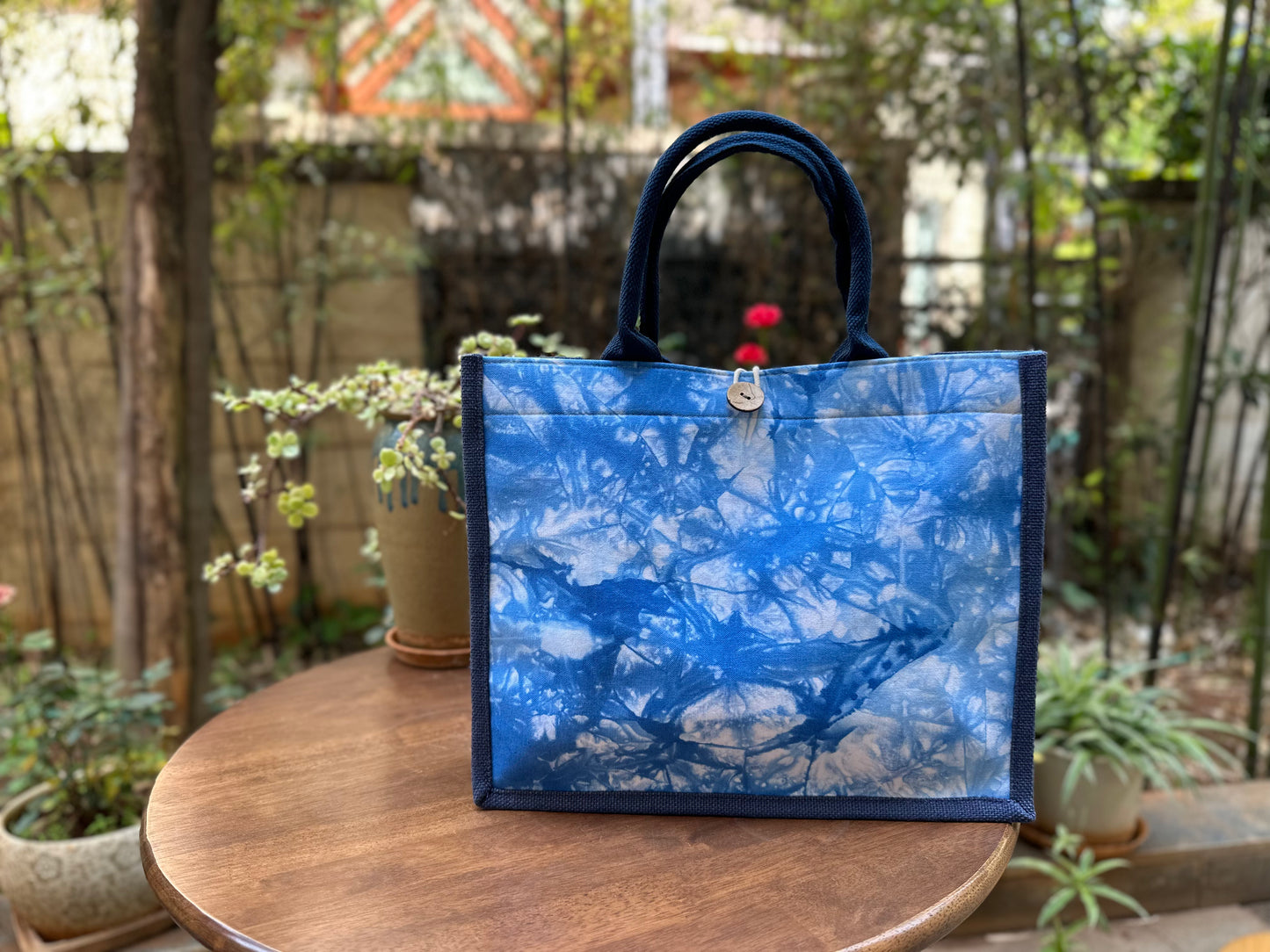 Tie Dye Linen Tote Bag with Button Closure, Top Handle Bag for Women, Handbag