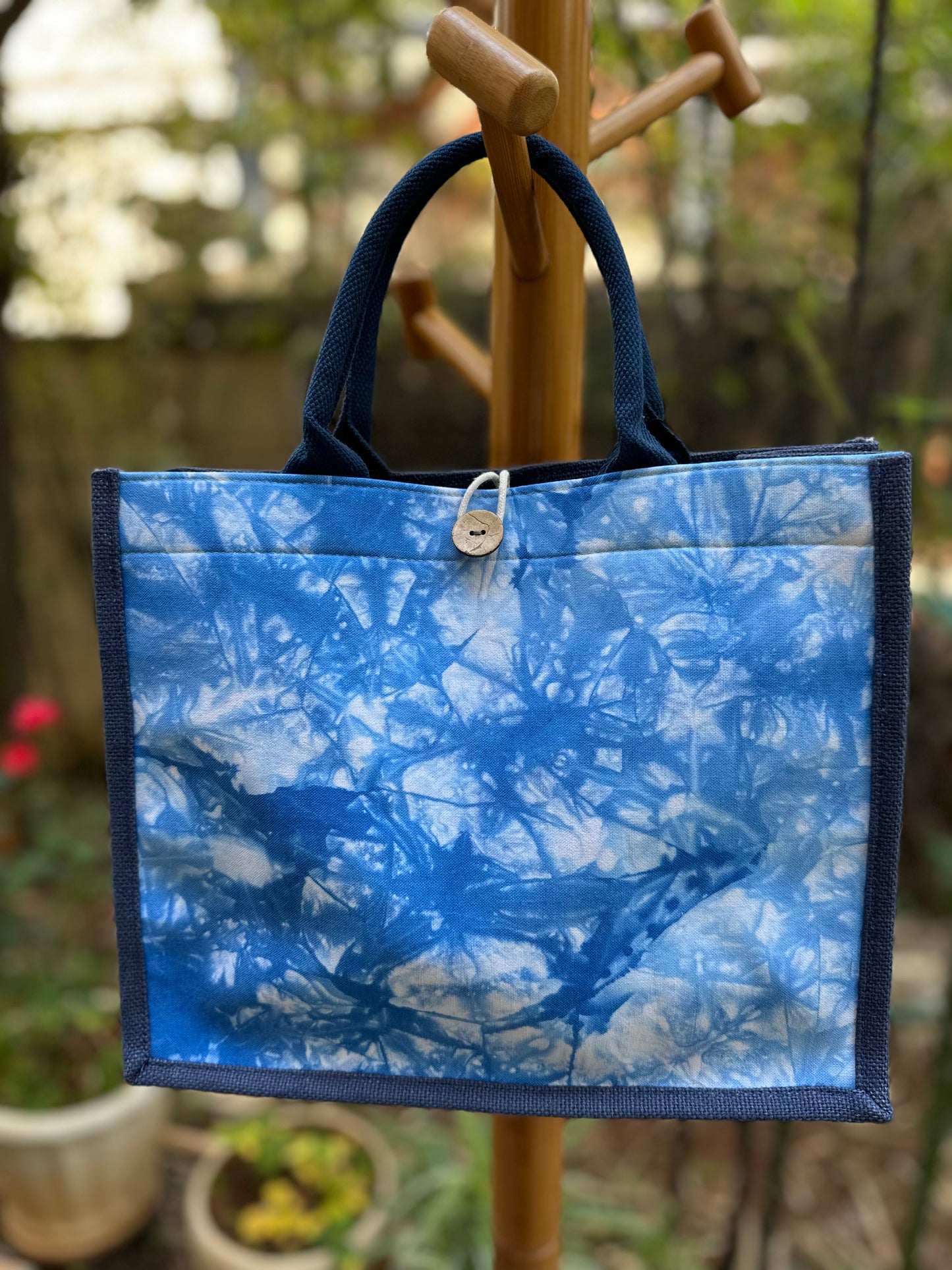 Tie Dye Linen Tote Bag with Button Closure, Top Handle Bag for Women, Handbag