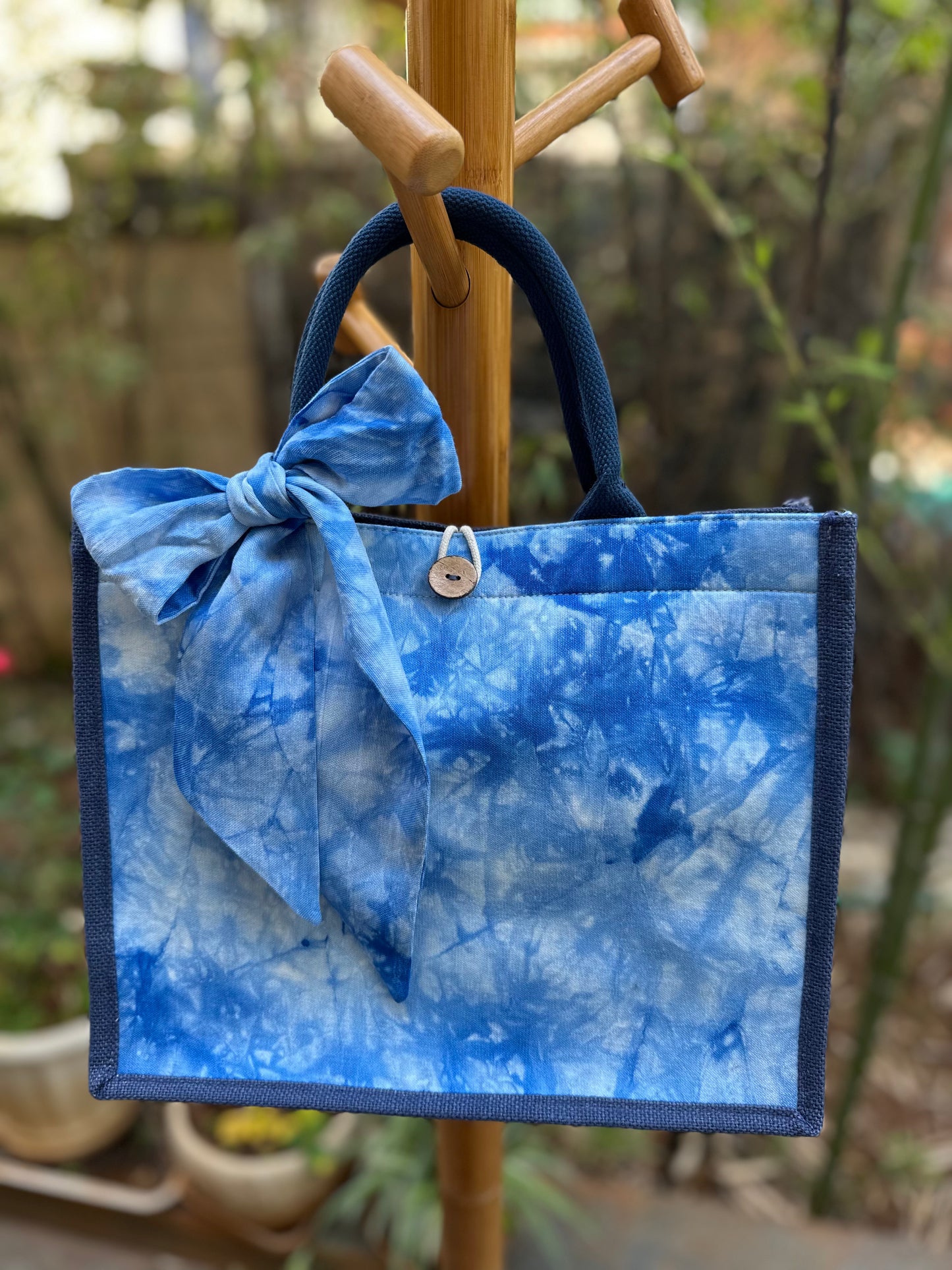 Tie Dye Linen Tote Bag with Button Closure, Top Handle Bag for Women, Handbag