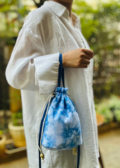 Tie Dye Linen Straw Bag, Handbag Pouch Blue, Top Handle Bag, Crossbody Bag