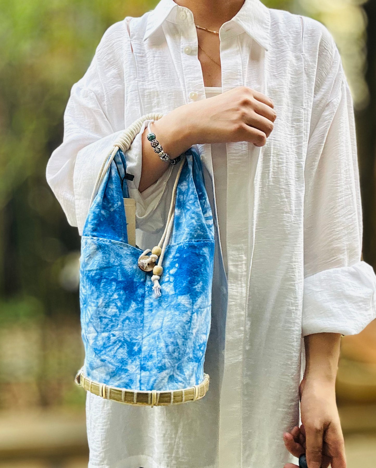 Tie Dye Linen Handbag Pouch with Bamboo Base, Top Handle Bag with Buckle Closure