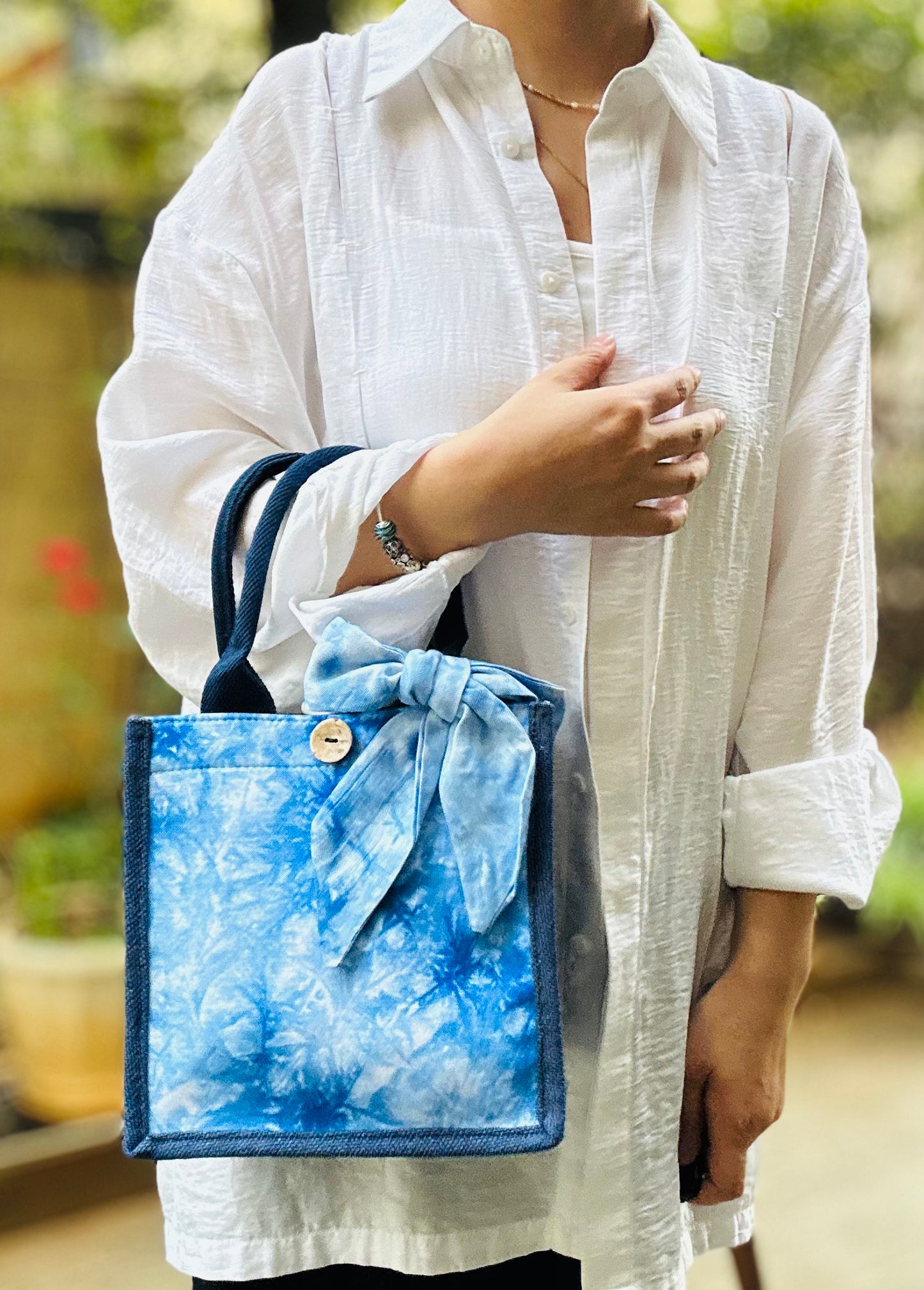 Tie Dye Linen Handbag with Button Closure, Top Handle Bag for Women