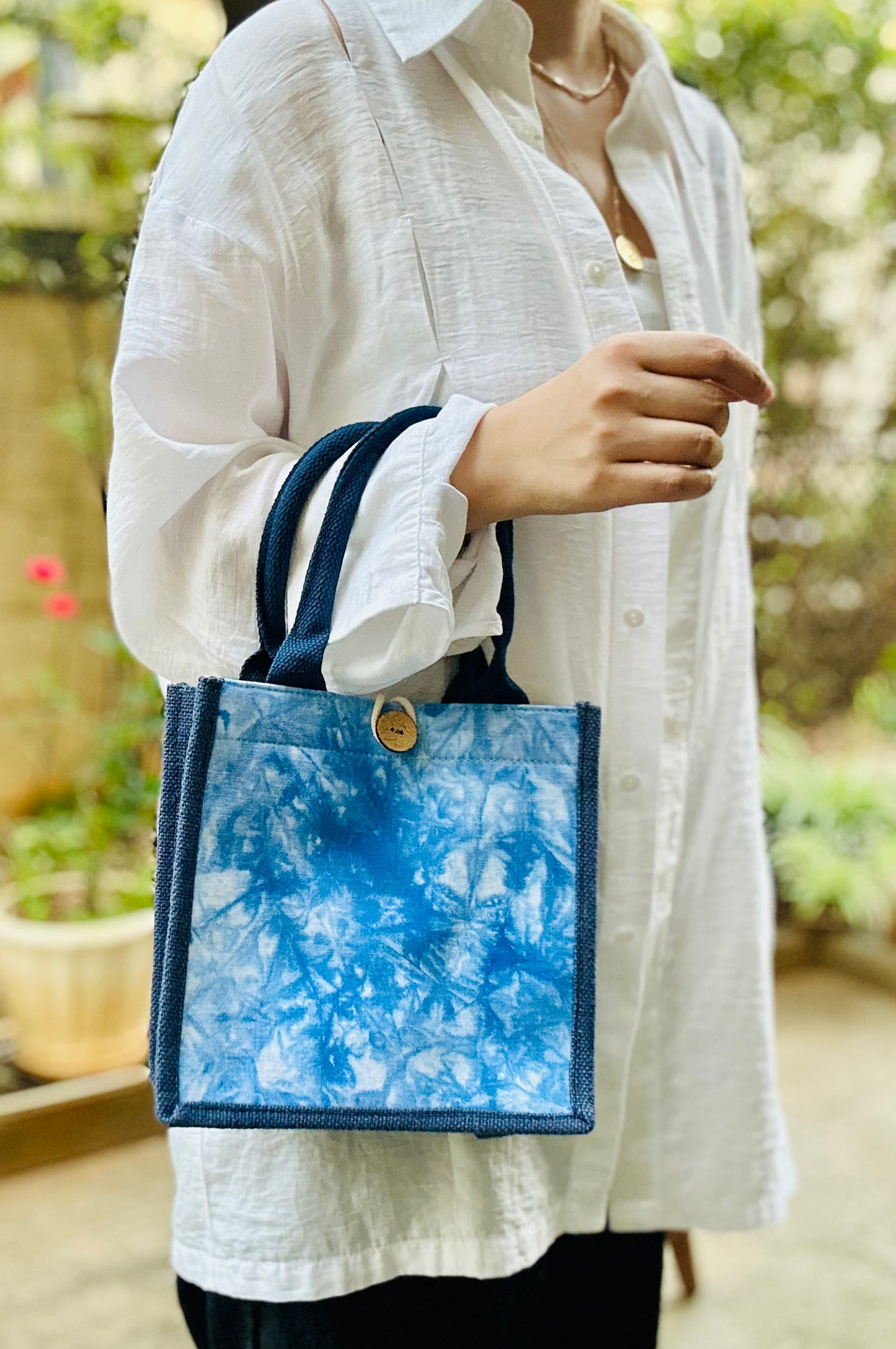 Tie Dye Linen Handbag with Button Closure, Top Handle Bag for Women