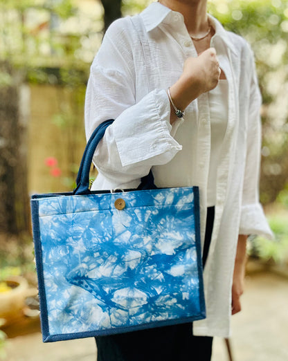 Tie Dye Linen Tote Bag with Button Closure, Top Handle Bag for Women, Handbag