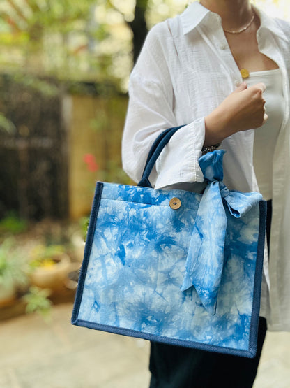 Tie Dye Linen Tote Bag with Button Closure, Top Handle Bag for Women, Handbag