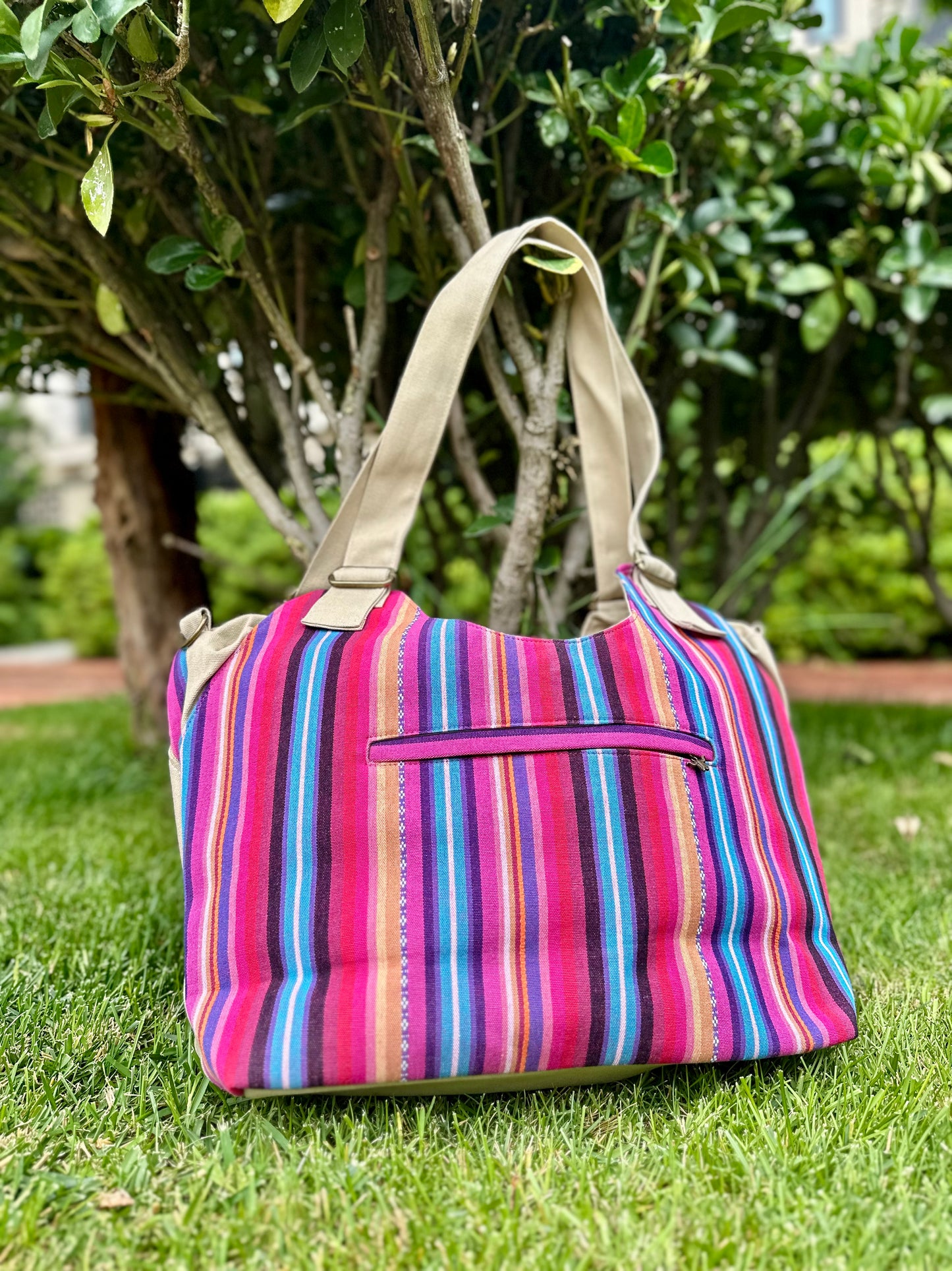 Boho Linen Handbag with Zipper Closure, Tote bag with Strip Pattern on the Back, Shoulder Bag for Women
