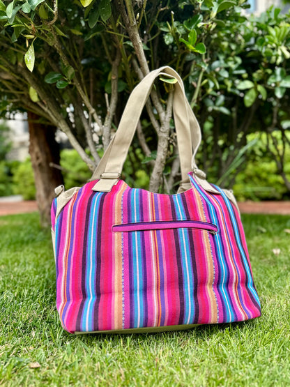 Boho Linen Handbag with Zipper Closure, Tote bag with Strip Pattern on the Back, Shoulder Bag for Women