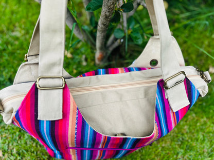 Boho Linen Handbag with Zipper Closure, Tote bag with Strip Pattern on the Back, Shoulder Bag for Women