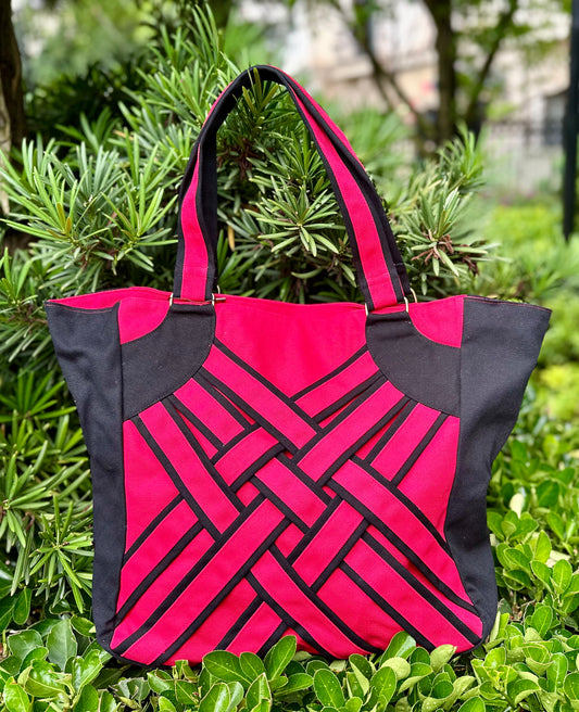 Linen Handbag with Zipper Closure, Knitted Patten Tote bag Red, Shoulder Bag for Women