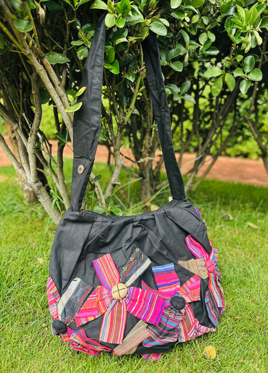 Linen Handbag with Zipper Closure, Tote bag with Handmade Flower Charms, Shoulder Bag for Women, Crossbody Bag