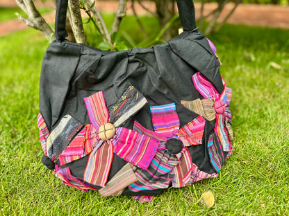 Linen Handbag with Zipper Closure, Tote bag with Handmade Flower Charms, Shoulder Bag for Women, Crossbody Bag