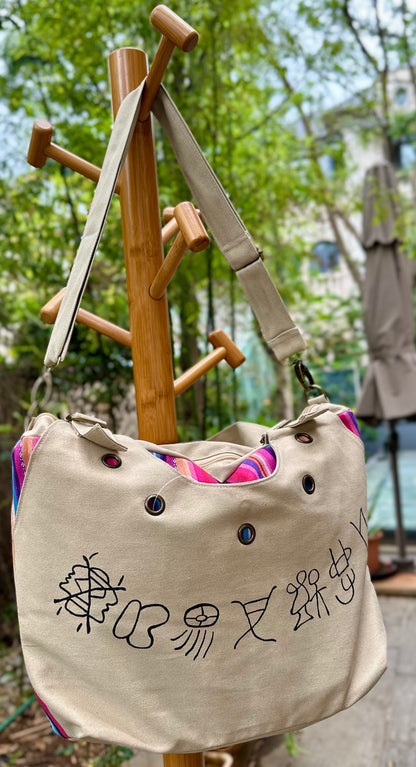 Boho Linen Handbag with Zipper Closure, Tote bag with Strip Pattern on the Back, Shoulder Bag for Women