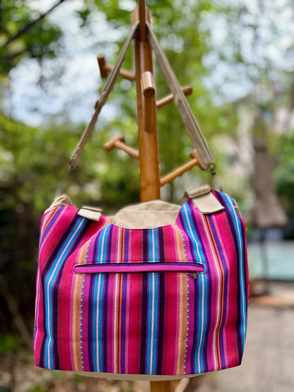 Boho Linen Handbag with Zipper Closure, Tote bag with Strip Pattern on the Back, Shoulder Bag for Women