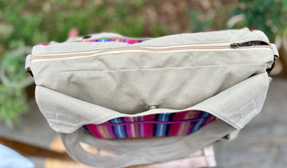 Boho Linen Handbag with Zipper Closure, Tote bag with Strip Pattern on the Back, Shoulder Bag for Women