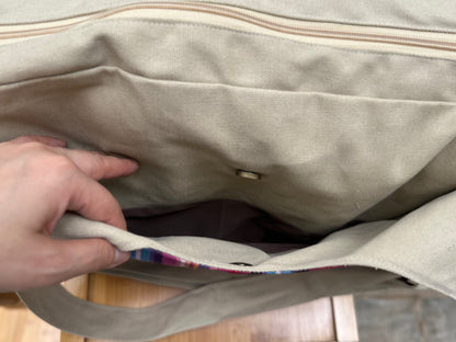 Boho Linen Handbag with Zipper Closure, Tote bag with Strip Pattern on the Back, Shoulder Bag for Women