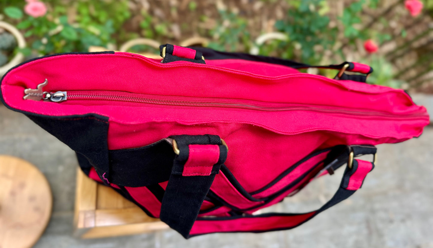 Linen Handbag with Zipper Closure, Knitted Patten Tote bag Red, Shoulder Bag for Women