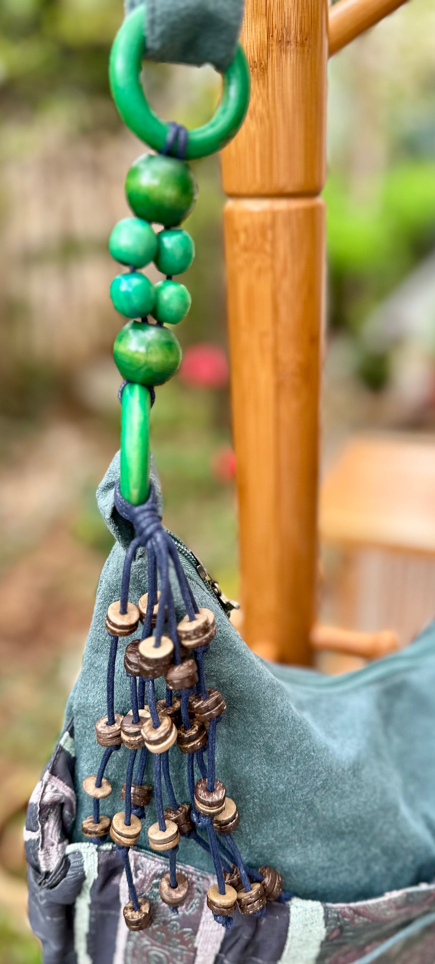 Boho Linen Handbag with Zipper Closure, Tote bag with Beads Charms on the Strap, Shoulder Bag for Women, Crossbody Bag