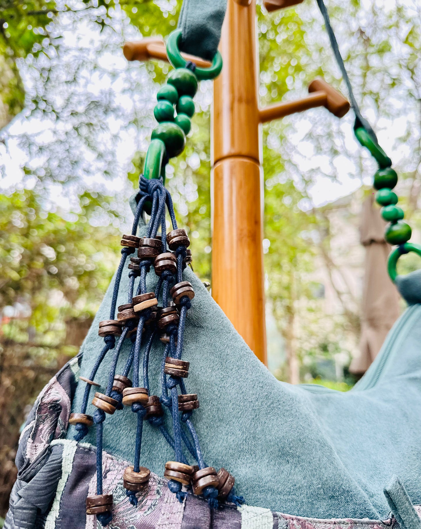 Boho Linen Handbag with Zipper Closure, Tote bag with Beads Charms on the Strap, Shoulder Bag for Women, Crossbody Bag