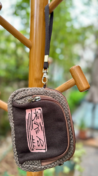 Linen Cosmetic Bag with Zipper, Handbag with Strap, Crossbody Bag with Dongba Pictographs