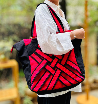 Linen Handbag with Zipper Closure, Knitted Patten Tote bag Red, Shoulder Bag for Women