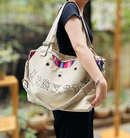 Boho Linen Handbag with Zipper Closure, Tote bag with Strip Pattern on the Back, Shoulder Bag for Women