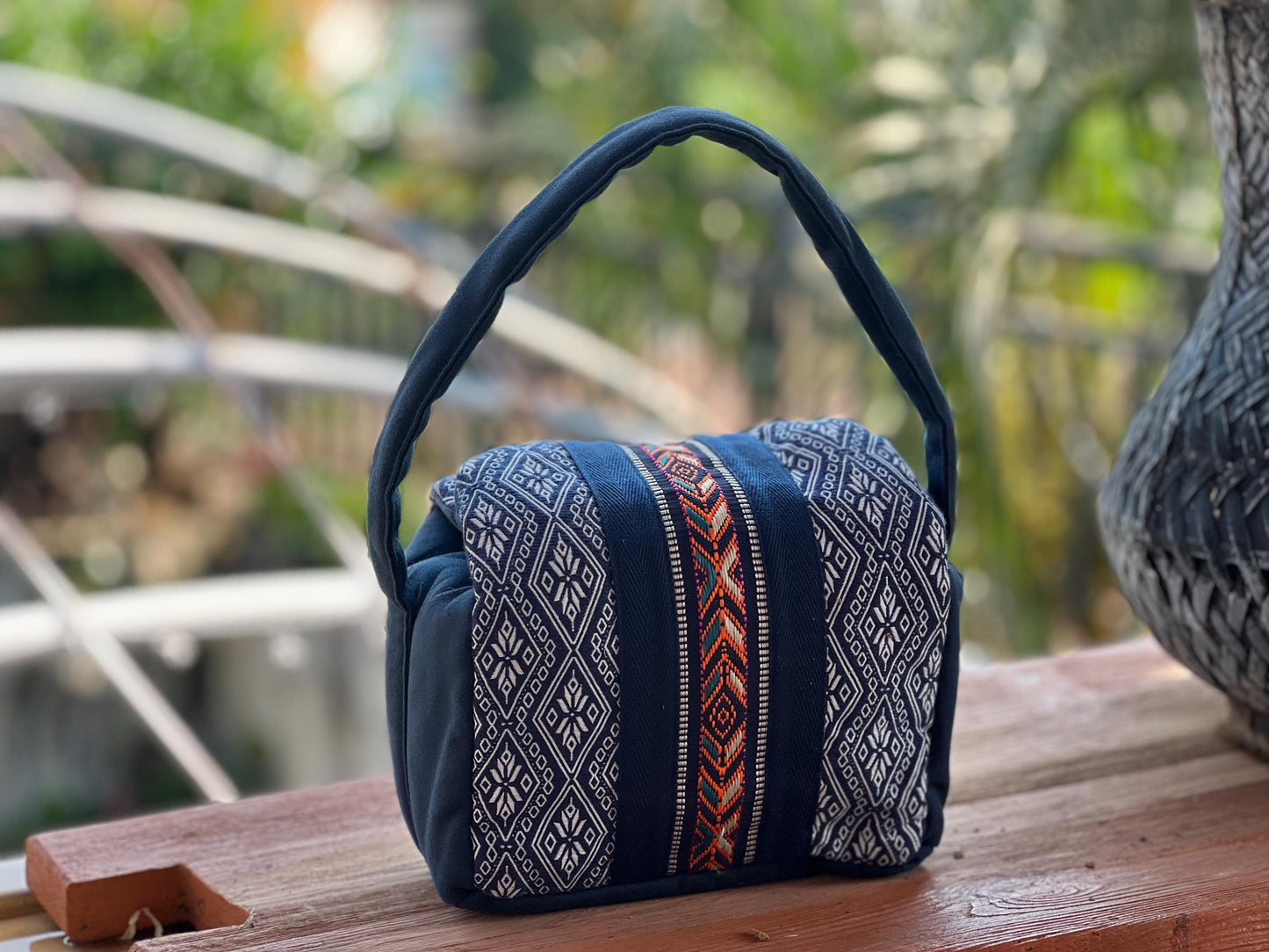 Handmade Natural Plant Dyed Cotton Handbag with Octagonal Flower Pattern, Unique Pattern Casual Bag with Flip Cover Closure, Top Handle Bag