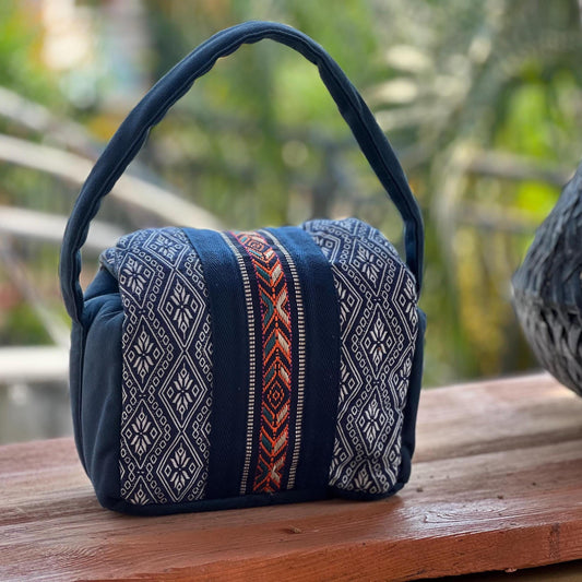 Handmade Natural Plant Dyed Cotton Handbag with Octagonal Flower Pattern, Unique Pattern Casual Bag with Flip Cover Closure, Top Handle Bag
