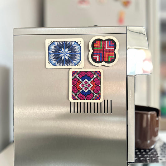 Hand Embroidered Fridge Magnets Set - Colorful Cross Stitched Refrigerator Magnets, Laptop Magnets, Floral Pattern Magnet
