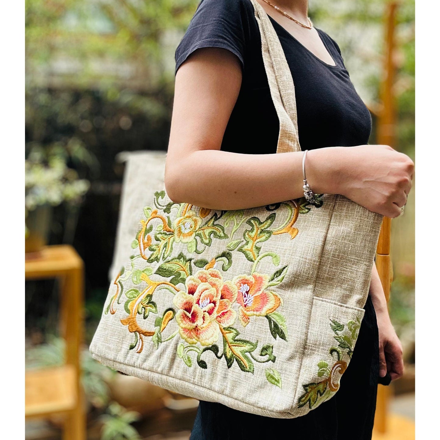 Linen Tote Bag with Embroidered Flower, Shoulder Bag for Women, Embroidered Peony Tote Bag, Zipper Shopping Bag, Diaper Bag