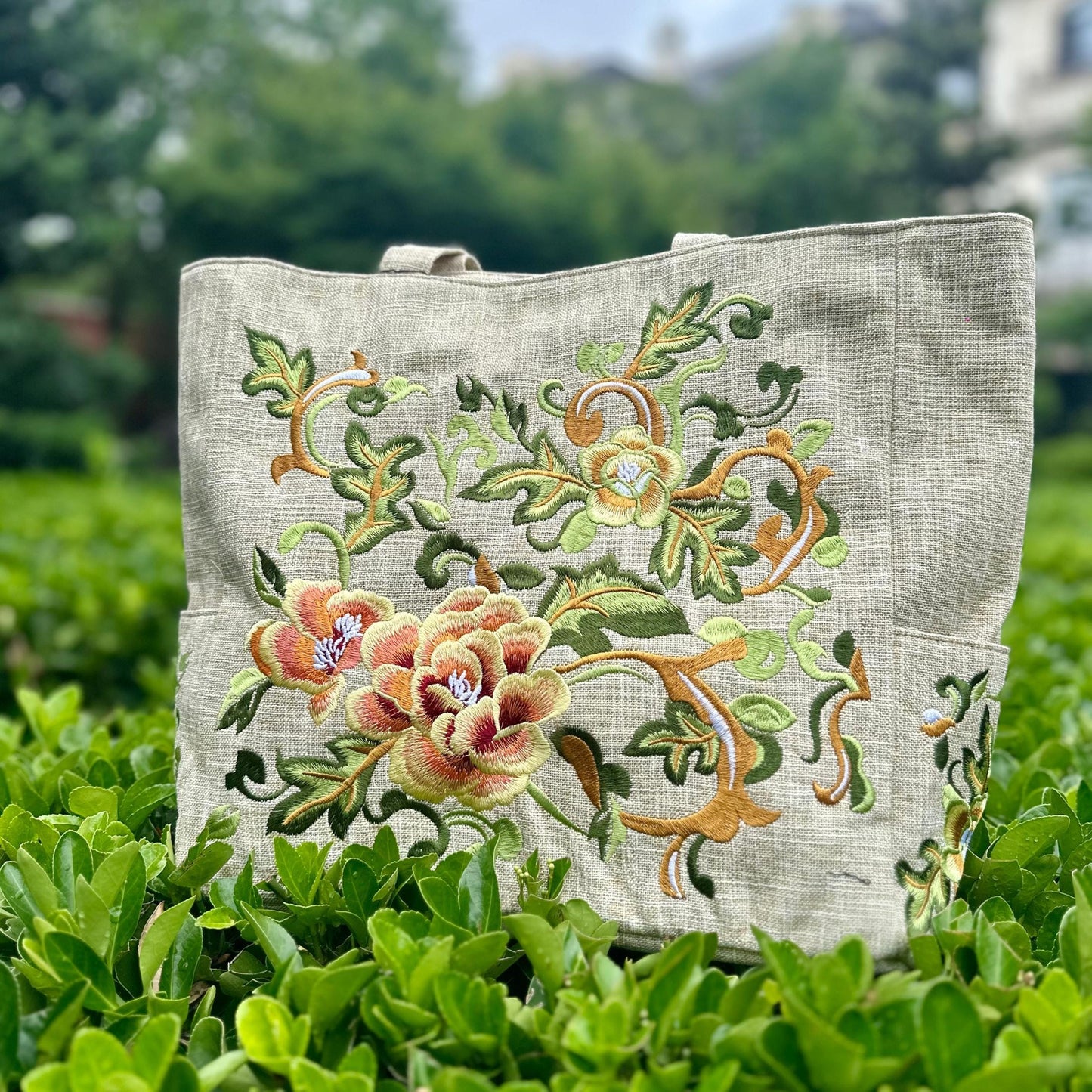 Linen Tote Bag with Embroidered Flower, Shoulder Bag for Women, Embroidered Peony Tote Bag, Zipper Shopping Bag, Diaper Bag