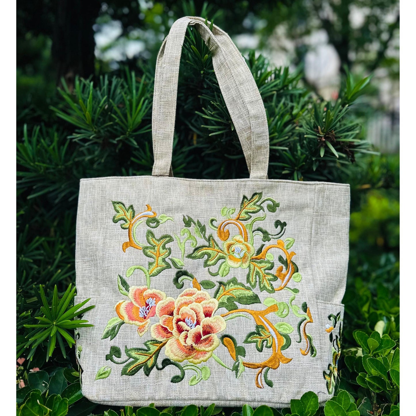 Linen Tote Bag with Embroidered Flower, Shoulder Bag for Women, Embroidered Peony Tote Bag, Zipper Shopping Bag, Diaper Bag