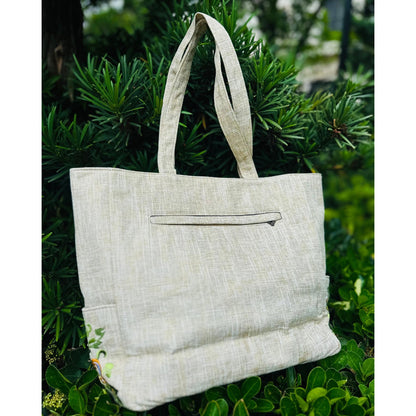 Linen Tote Bag with Embroidered Flower, Shoulder Bag for Women, Embroidered Peony Tote Bag, Zipper Shopping Bag, Diaper Bag