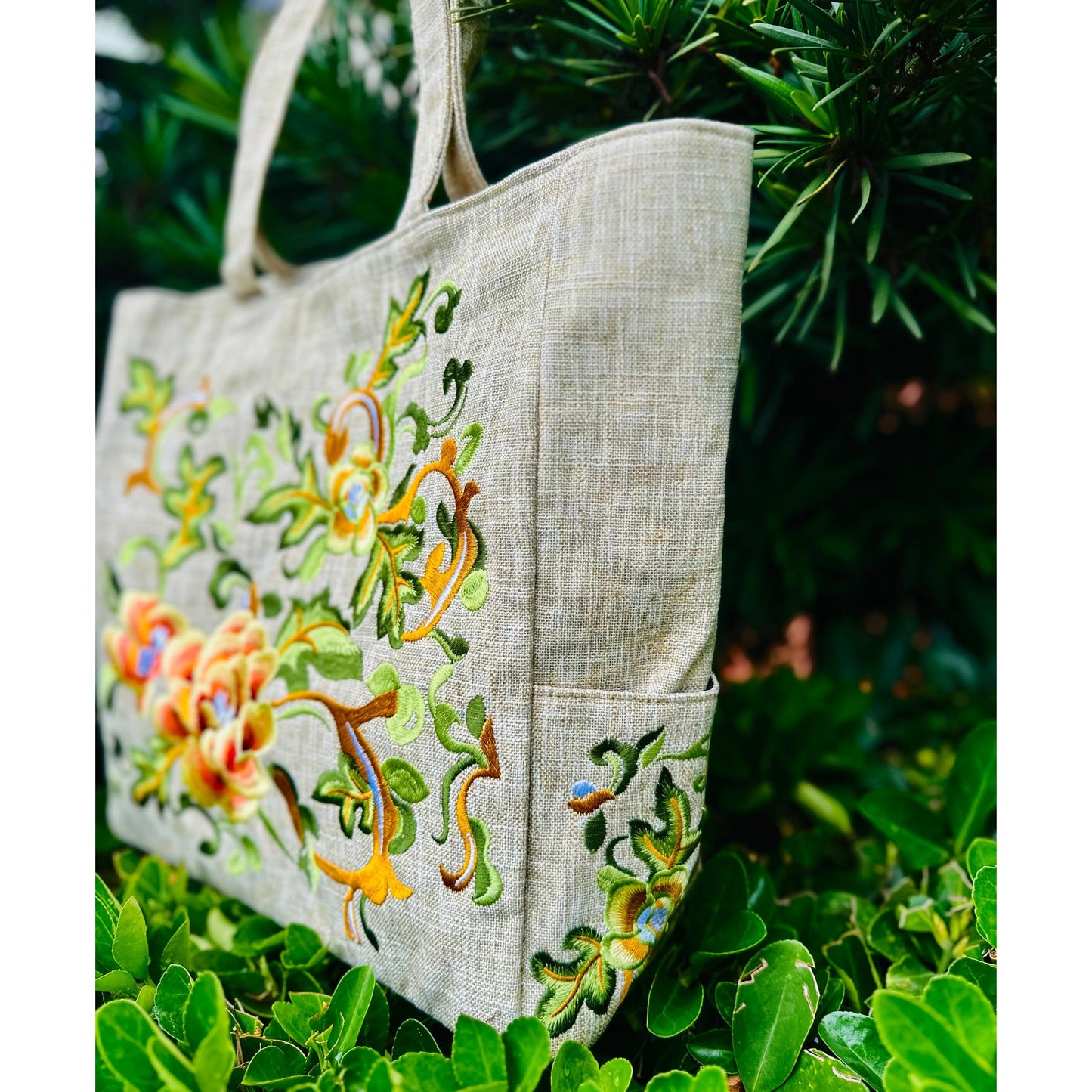 Linen Tote Bag with Embroidered Flower, Shoulder Bag for Women, Embroidered Peony Tote Bag, Zipper Shopping Bag, Diaper Bag