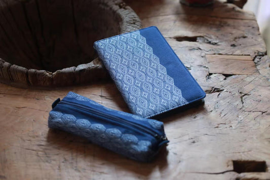 Natural Plant Dyed Cotton Notebook & Pen Case Kit with Octagonal Flower Pattern, Unique Pattern Office Kit Blue, Graduation Gift Combo