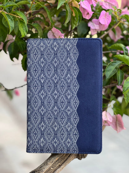 Natural Plant Dyed Cotton Notebook & Pen Case Kit with Octagonal Flower Pattern, Unique Pattern Office Kit Blue, Graduation Gift Combo