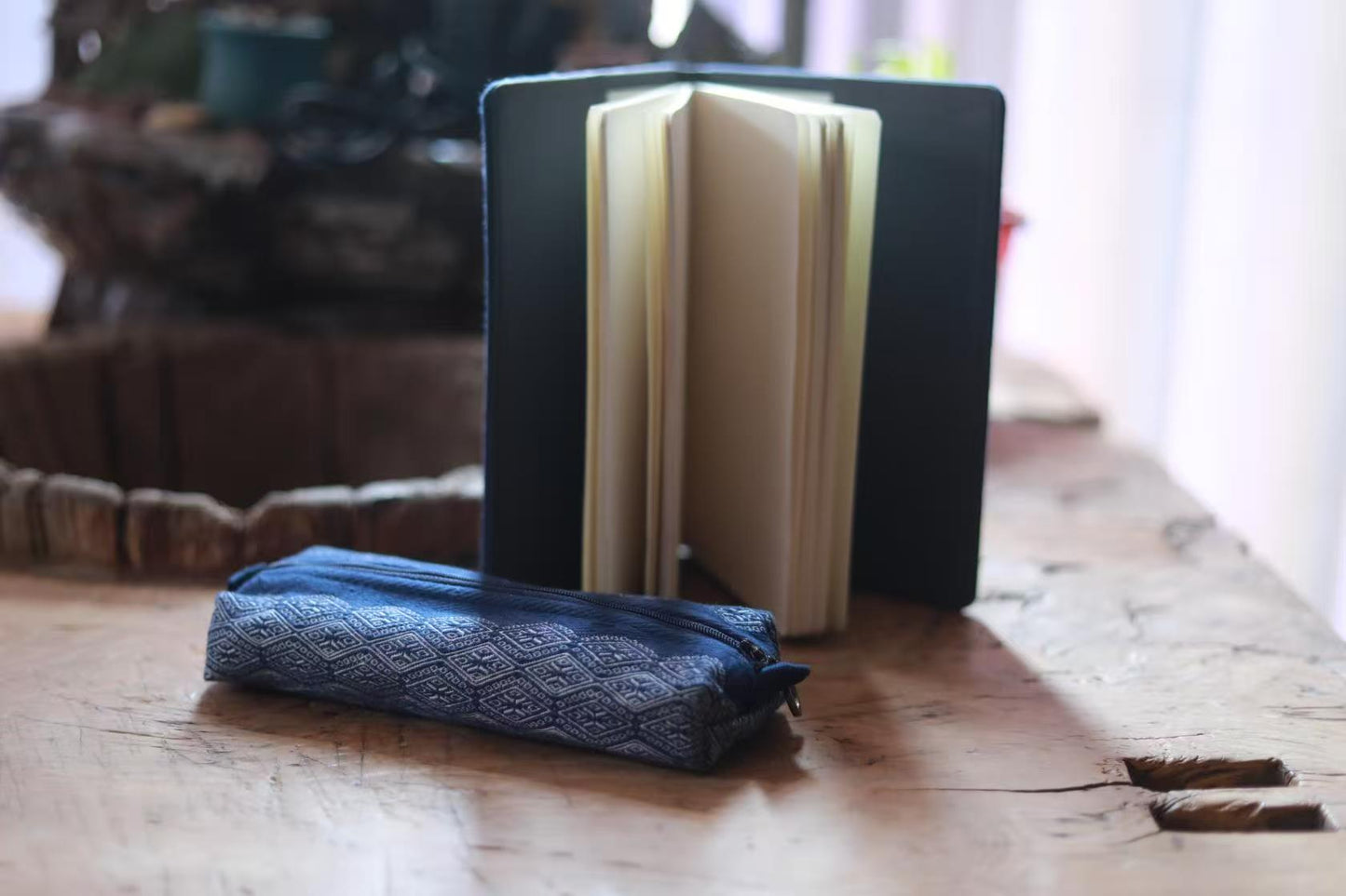 Natural Plant Dyed Cotton Notebook & Pen Case Kit with Octagonal Flower Pattern, Unique Pattern Office Kit Blue, Graduation Gift Combo