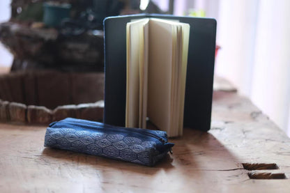 Natural Plant Dyed Cotton Notebook & Pen Case Kit with Octagonal Flower Pattern, Unique Pattern Office Kit Blue, Graduation Gift Combo
