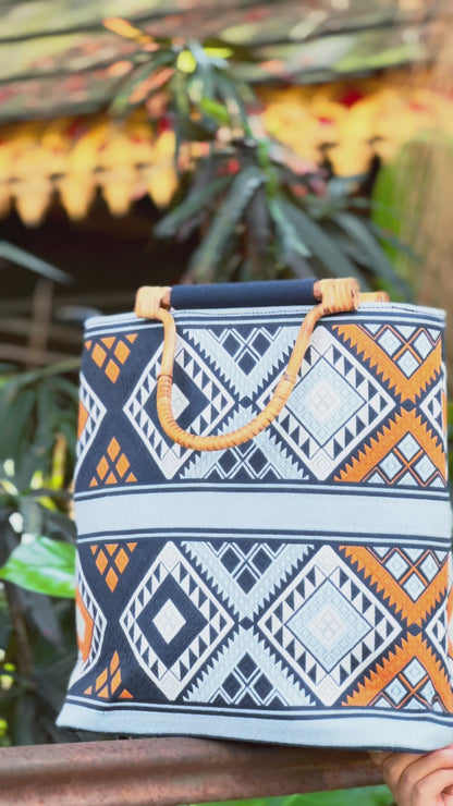 Handmade Natural Plant Dyed Cotton Briefcase with Octagonal Flower Pattern, Unique Pattern Handbag, Bamboo Handle Bag for MacBook 11"