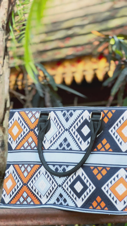 Handmade Natural Plant Dyed Cotton Briefcase with Octagonal Flower Pattern, Unique Pattern Handbag, Zipper Handle Bag for MacBook 13"